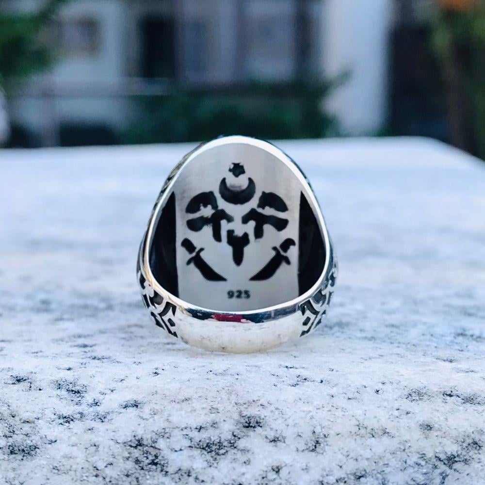 Ay Yıldız İçerisi Göktürkçe Türk İşlemeli Gümüş Erkek Yüzük