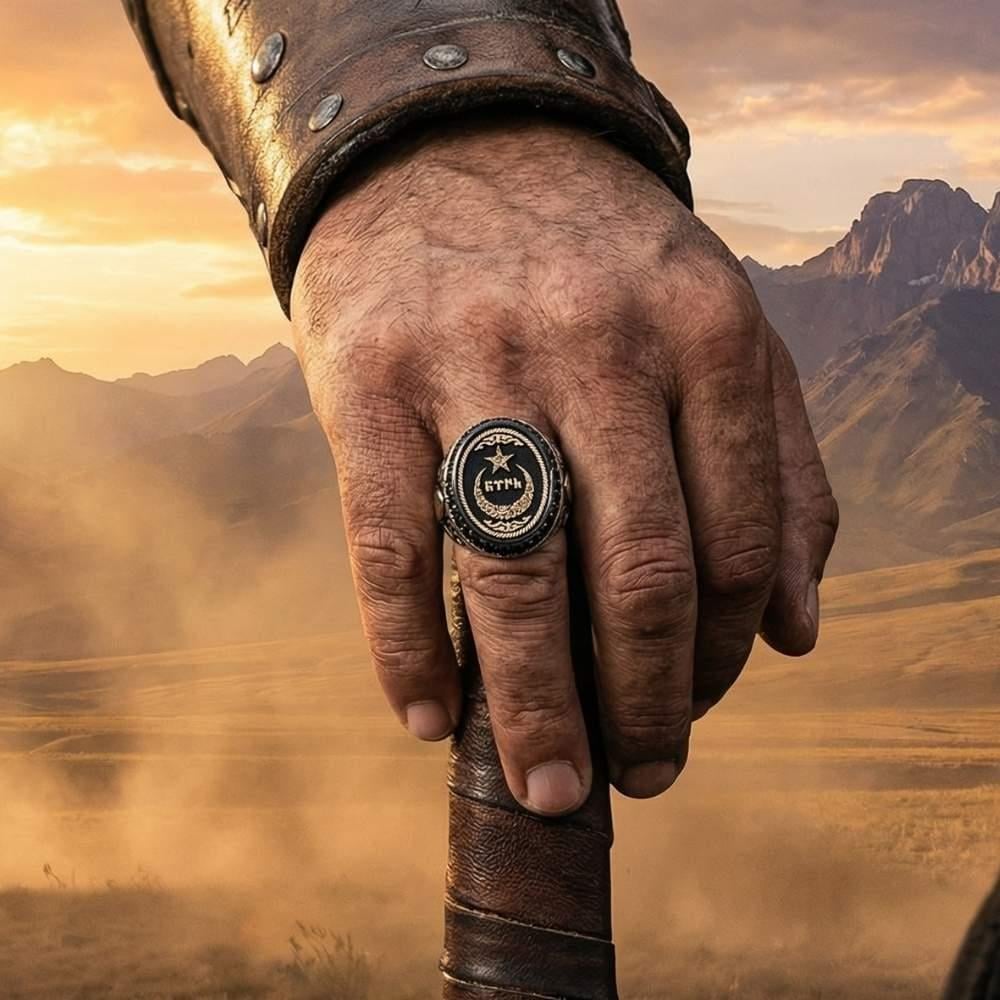 Ay Yıldız İçerisi Göktürkçe Türk İşlemeli Gümüş Erkek YüzükAy Yıldız Yüzükler