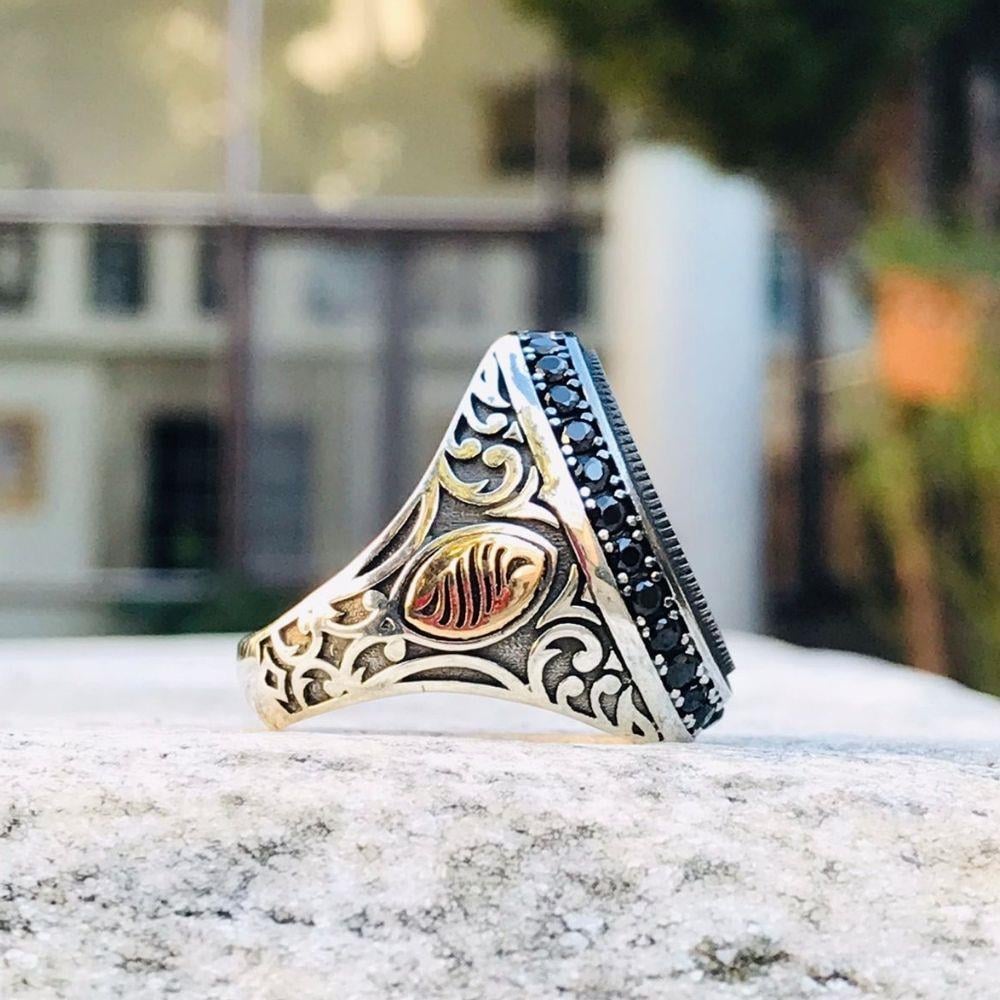 Ay Yıldız İçerisi Göktürkçe Türk İşlemeli Gümüş Erkek Yüzük