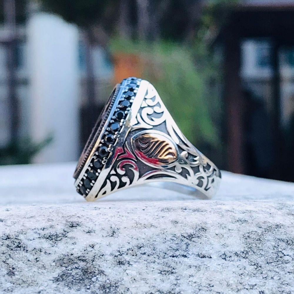 Ay Yıldız İçerisi Göktürkçe Türk İşlemeli Gümüş Erkek Yüzük