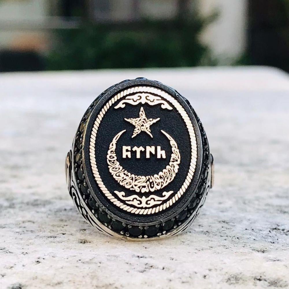 Ay Yıldız İçerisi Göktürkçe Türk İşlemeli Gümüş Erkek Yüzük