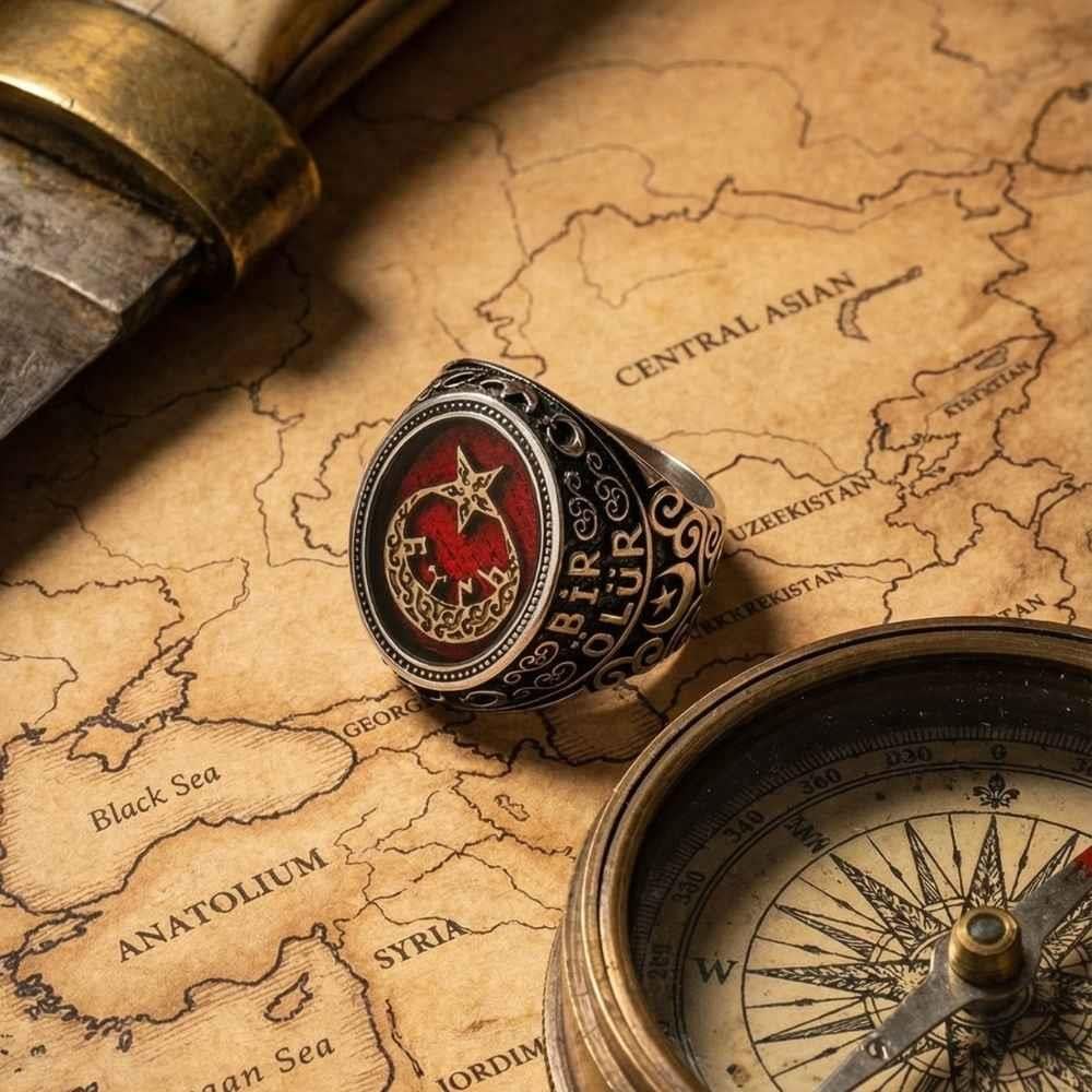 Ay Yıldız İçerisi Göktürkçe Türk Yazılı Gümüş Erkek YüzükAy Yıldız Yüzükler