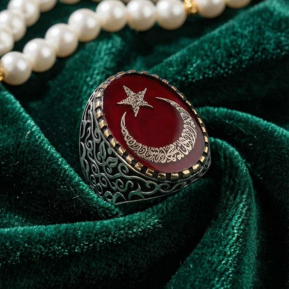 Ay Yıldız İçerisi Kelime-i Tevhid Yazılı Mineli Gümüş YüzükMoon Star Ring