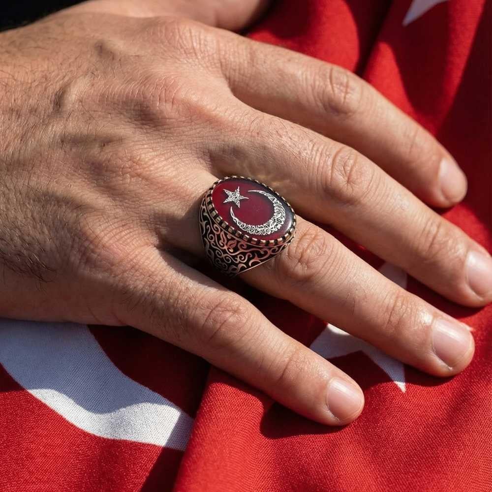 Ay Yıldız İçerisi Kelime-i Tevhid Yazılı Mineli Gümüş YüzükMoon Star Ring