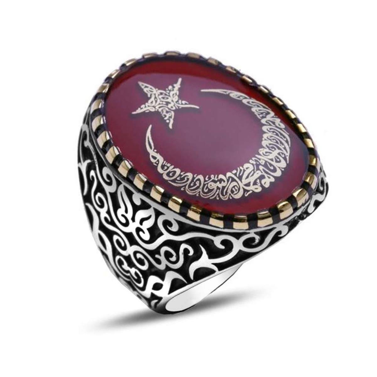 Ay Yıldız İçerisi Kelime-i Tevhid Yazılı Mineli Gümüş Yüzük