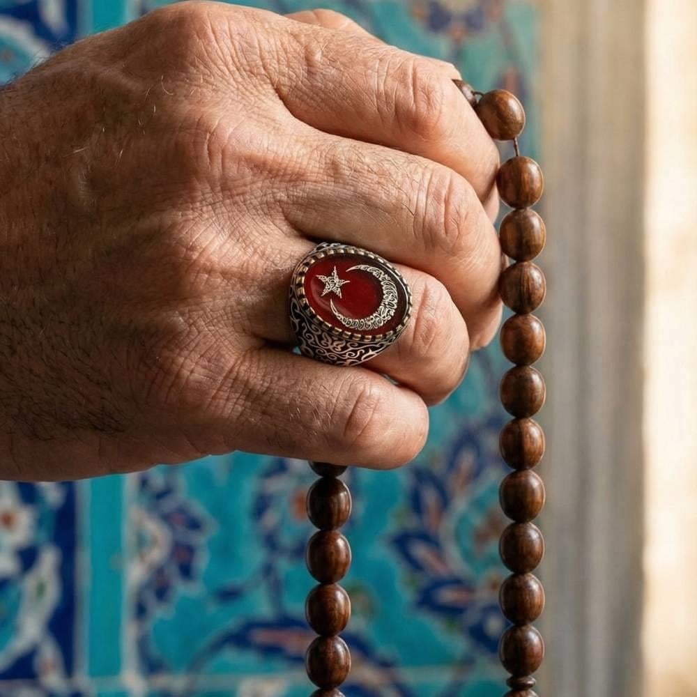 Ay Yıldız İçerisi Kelime-i Tevhid Yazılı Mineli Gümüş YüzükMoon Star Ring