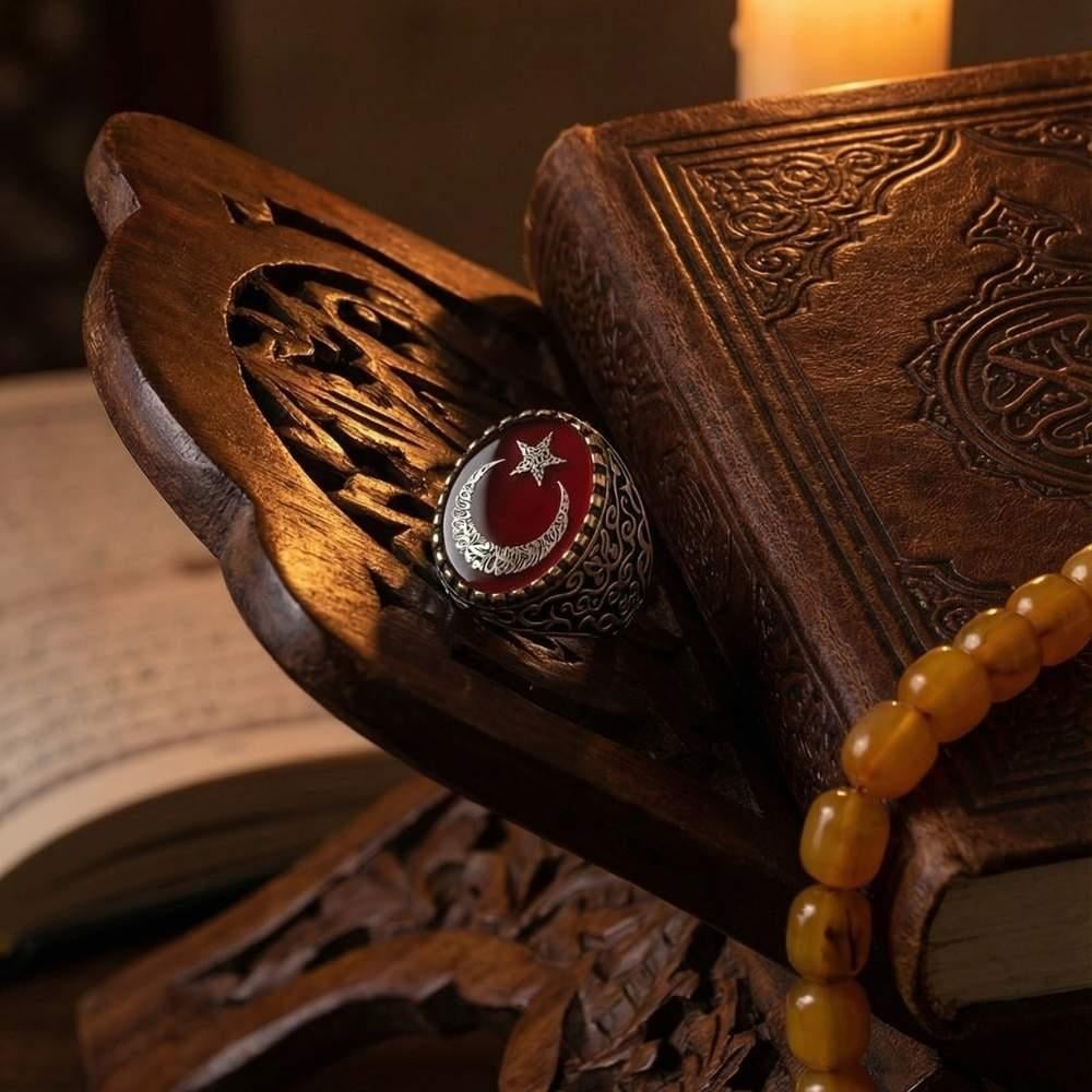 Ay Yıldız İçerisi Kelime-i Tevhid Yazılı Mineli Gümüş YüzükMoon Star Ring