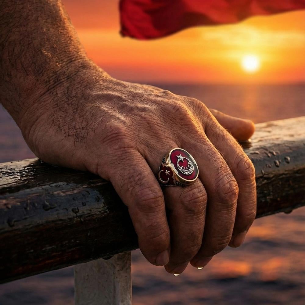 Ay Yıldız İçi Göktürkçe Türk Yazılı Erkek Gümüş YüzükAy Yıldız Yüzükler
