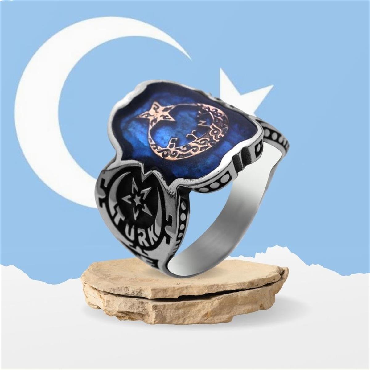 Ay Yıldız İçi Göktürkçe Türk Yazılı Mineli Gümüş Yüzük