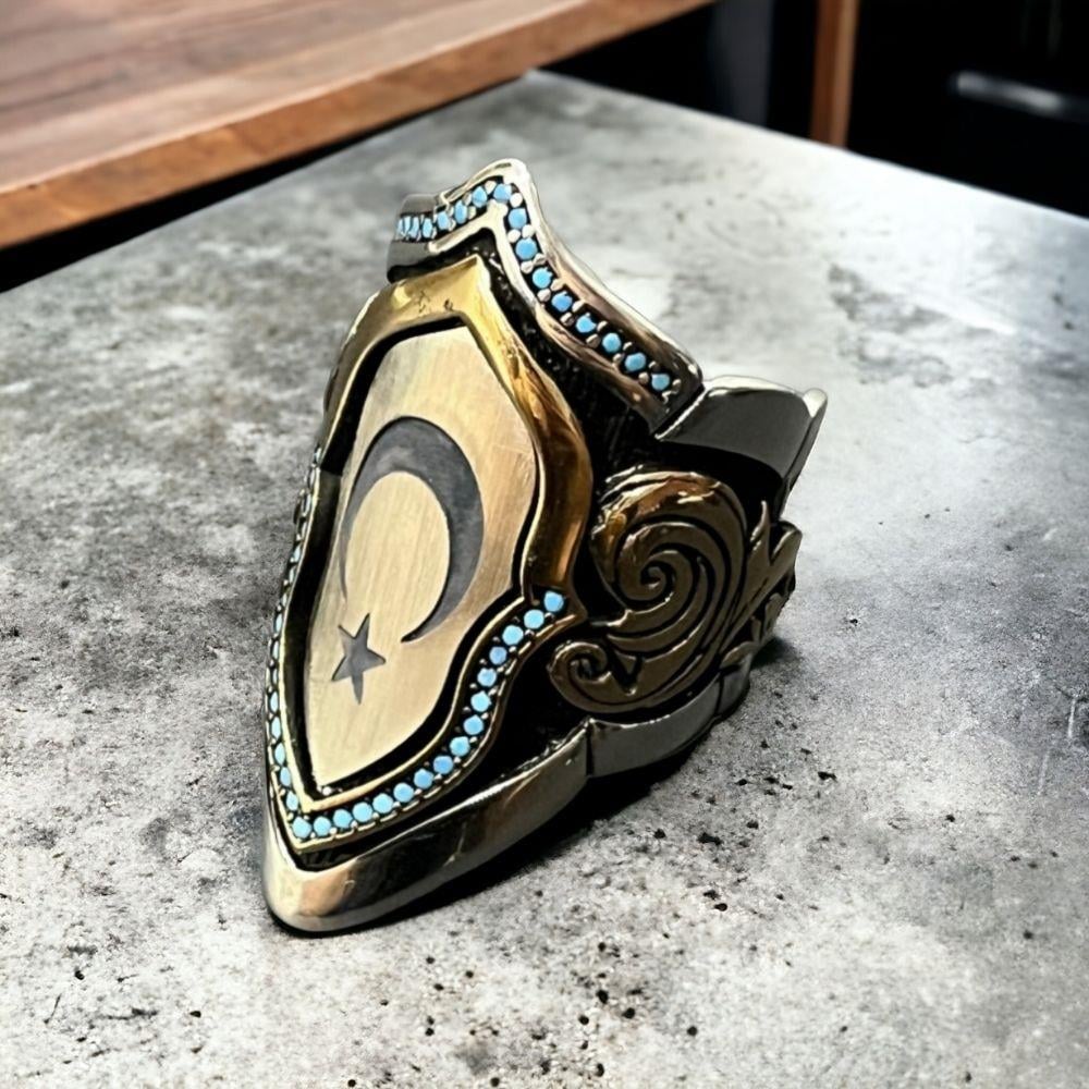 Ay Yıldız İşlemeli Ayarlanabilir Gümüş Zihgir Okçu Yüzüğü