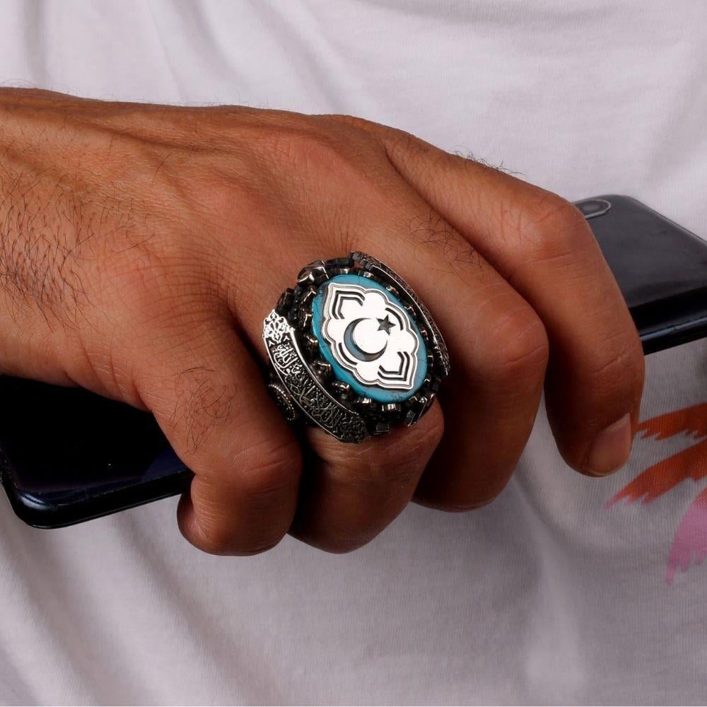 Ay Yıldız İşlemeli Yanları Kelime-i Tevhid Gümüş Yüzük