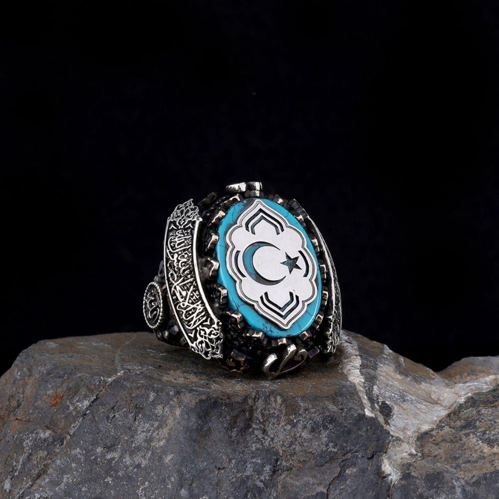 Ay Yıldız İşlemeli Yanları Kelime-i Tevhid Gümüş Yüzük