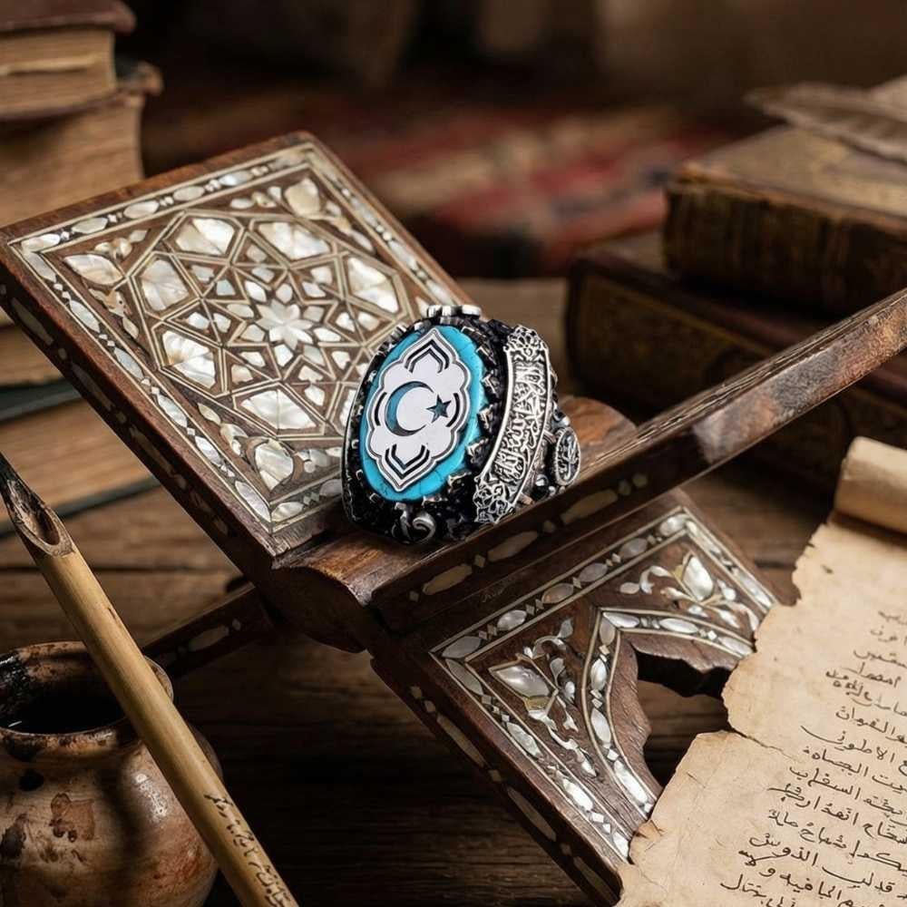 Ay Yıldız İşlemeli Yanları Kelime-i Tevhid Gümüş YüzükAy Yıldız Yüzük