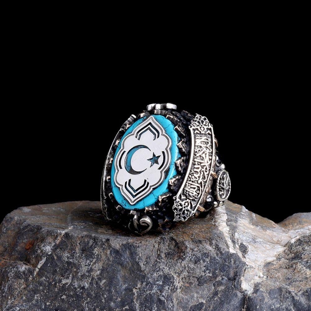 Ay Yıldız İşlemeli Yanları Kelime-i Tevhid Gümüş Yüzük