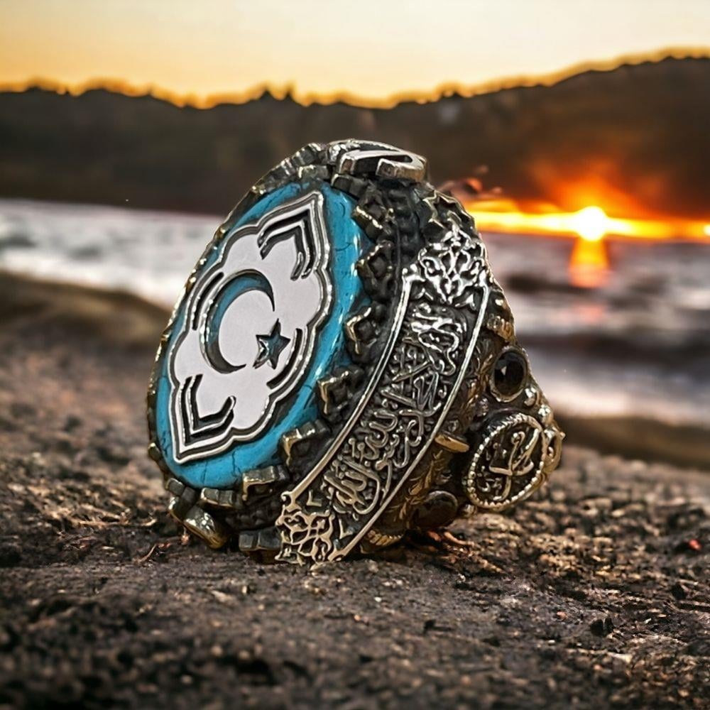 Ay Yıldız İşlemeli Yanları Kelime-i Tevhid Gümüş Yüzük