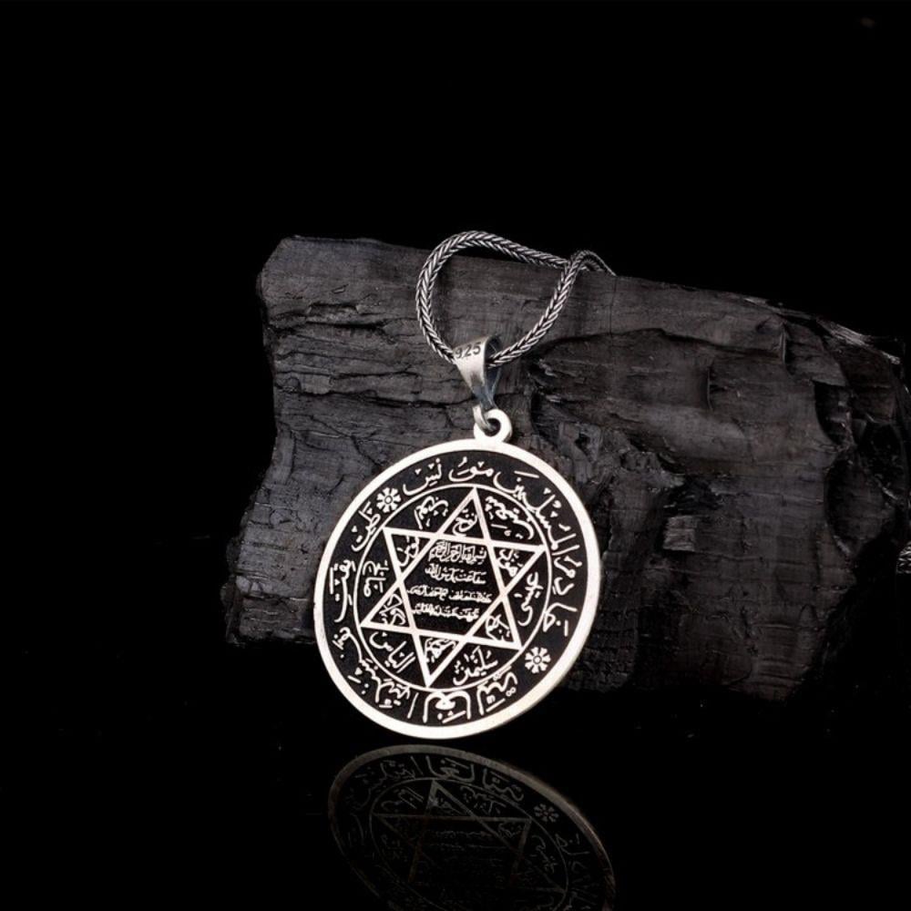 Ay Yıldız Kelime-i Tevhid Süleyman Mührü Gümüş Madalyon Kolye