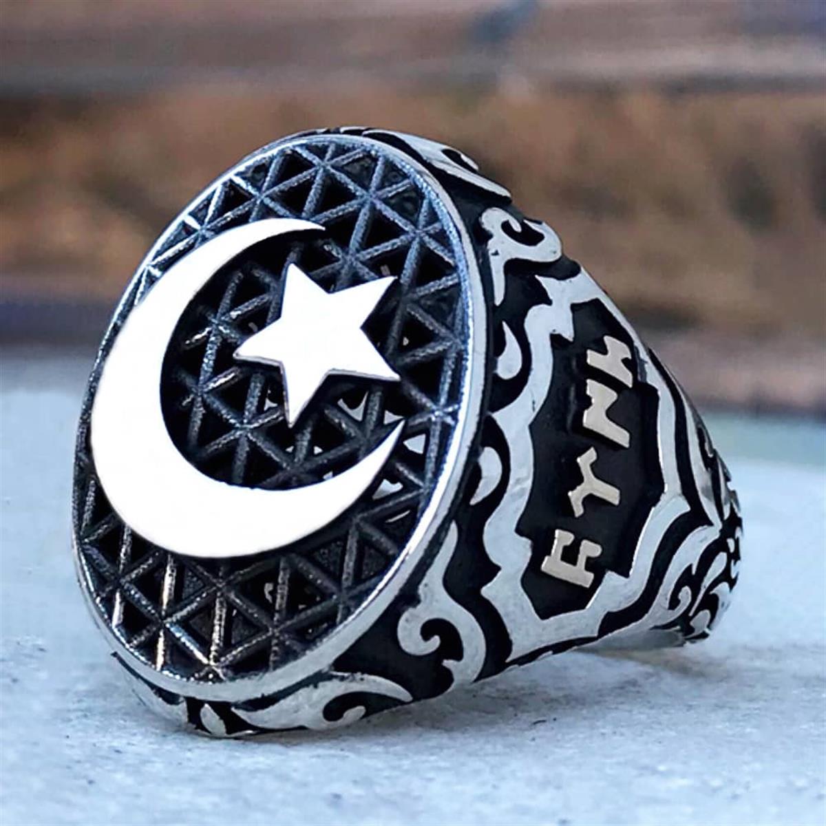 Ay Yıldız Kenarları Göktürkçe Türk Yazılı Gümüş Erkek Yüzük