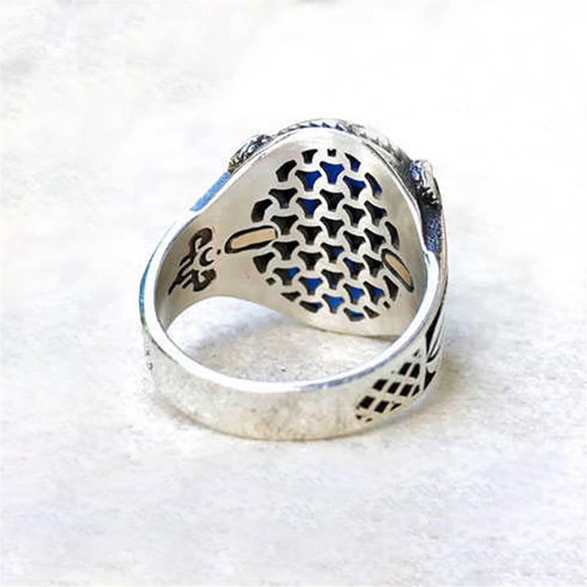 Ay Yıldız Mavi Zirkon Taşlı Yanları Lale Motifli Gümüş Erkek Yüzük