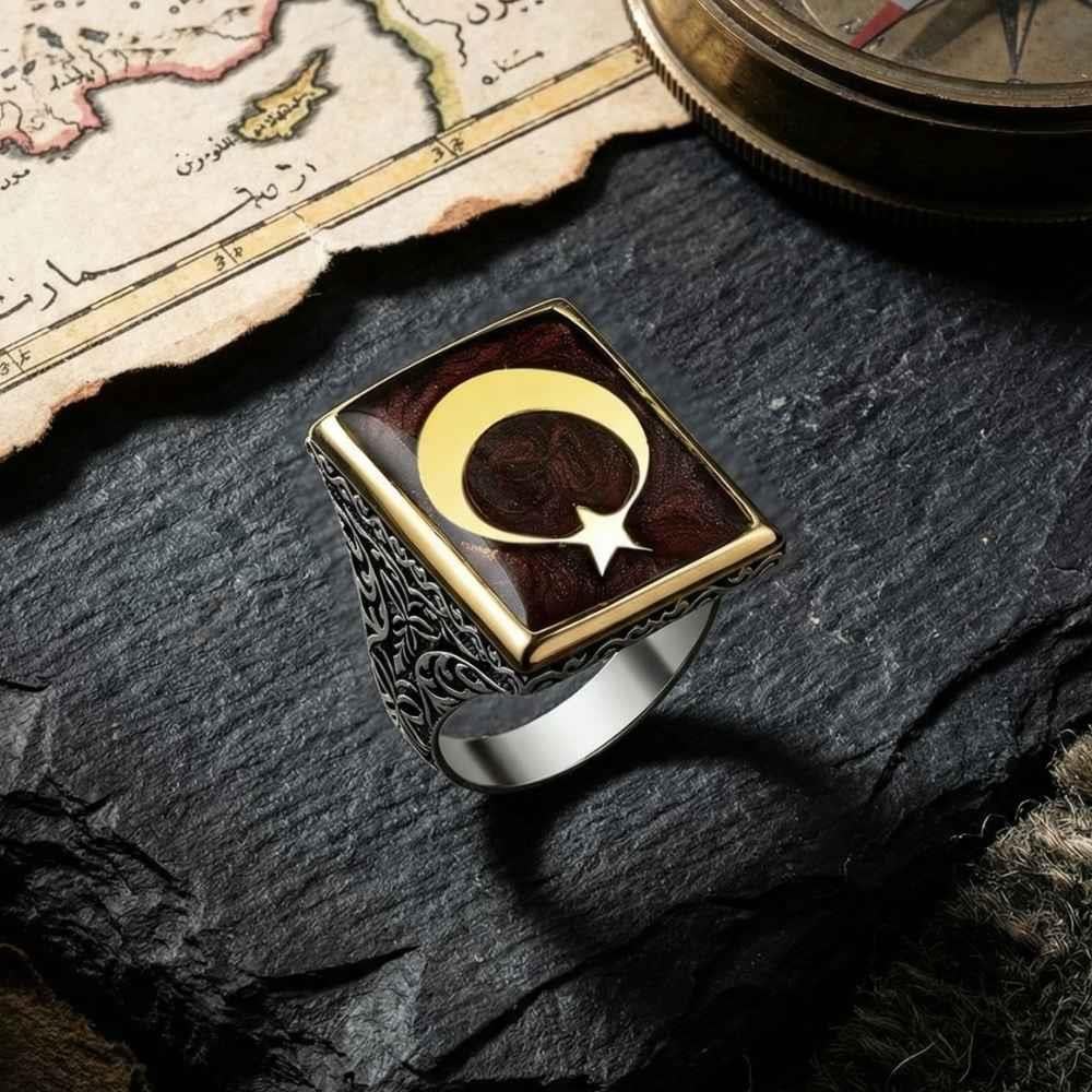 Ay Yıldız Mineli Gümüş Erkek YüzükAy Yıldız Yüzükler
