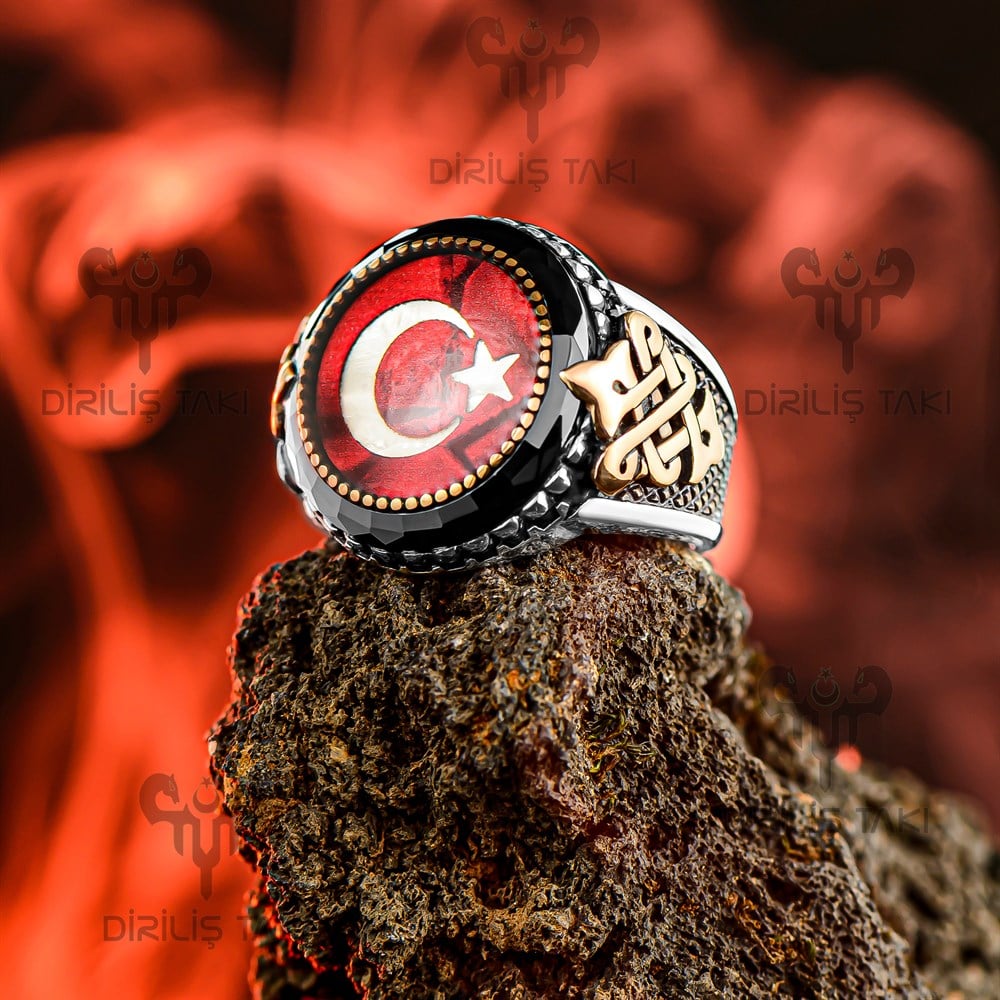 Ay Yıldız Mineli Kenarları Gold Gümüş Yüzük