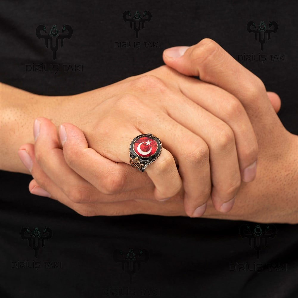 Ay Yıldız Mineli Kenarları Gold Gümüş Yüzük