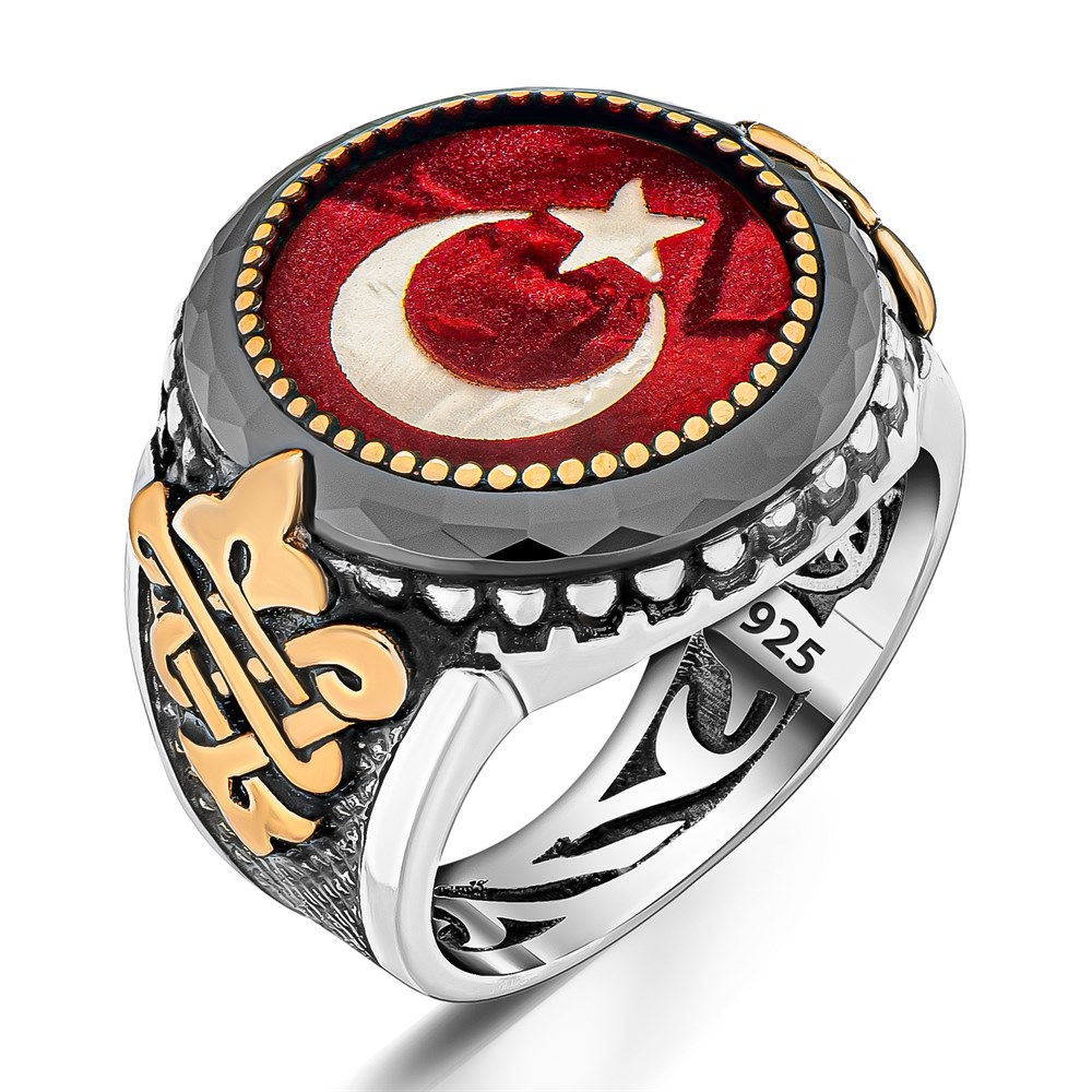 Ay Yıldız Mineli Kenarları Gold Gümüş Yüzük