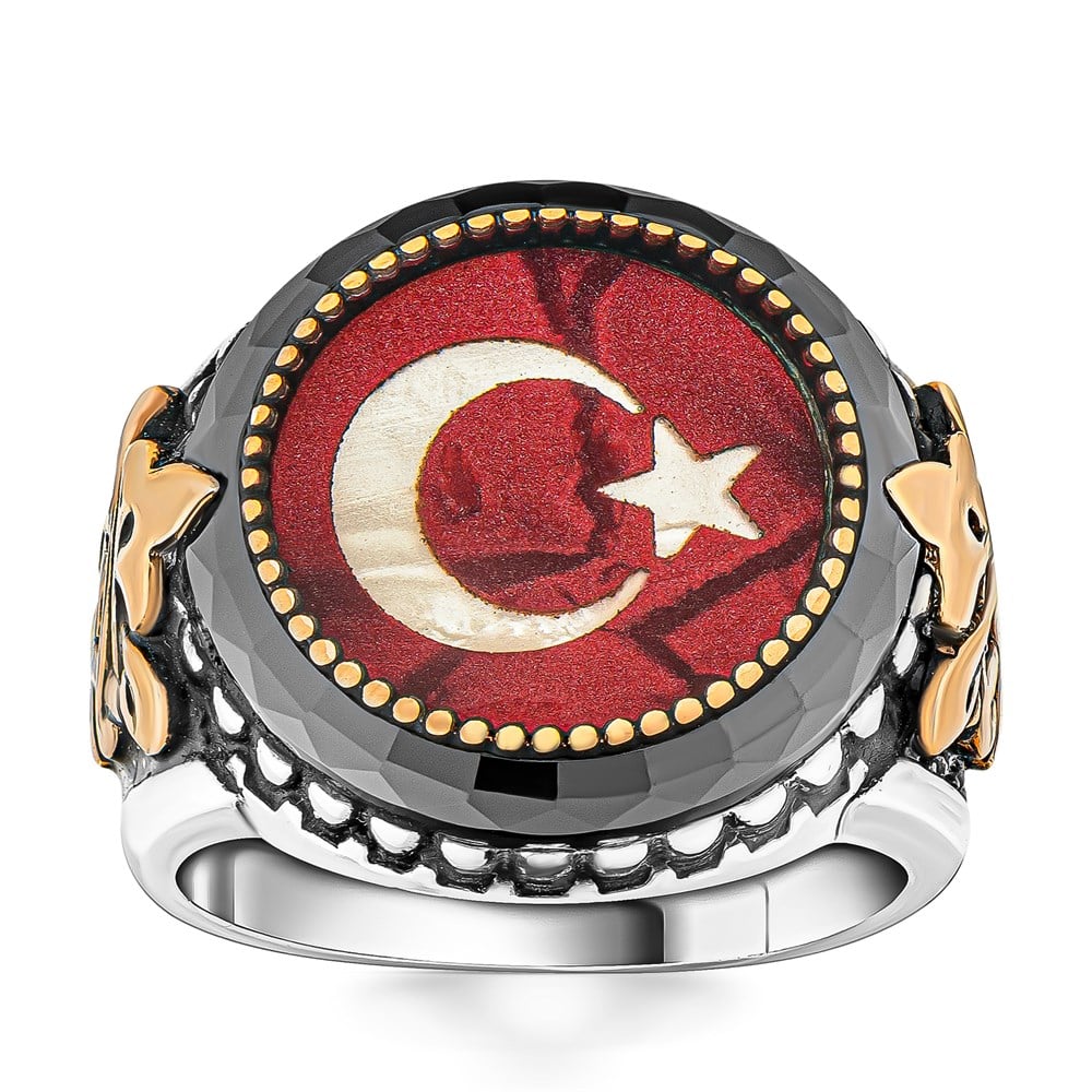 Ay Yıldız Mineli Kenarları Gold Gümüş Yüzük