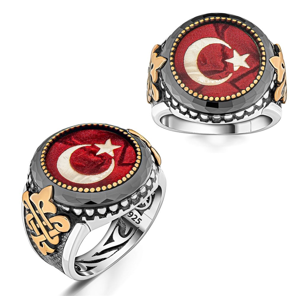 Ay Yıldız Mineli Kenarları Gold Gümüş Yüzük