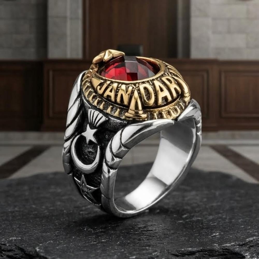 Ay Yıldız Motifli Jandarma Gümüş YüzükAsker & Polis Yüzükleri