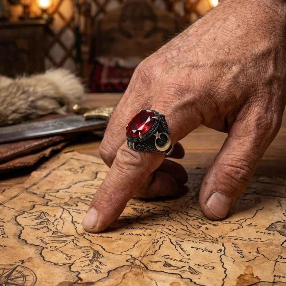 Ay Yıldız Motifli Kırmızı Zirkon Taşlı Gümüş YüzükZirkon Taşlı Yüzükler