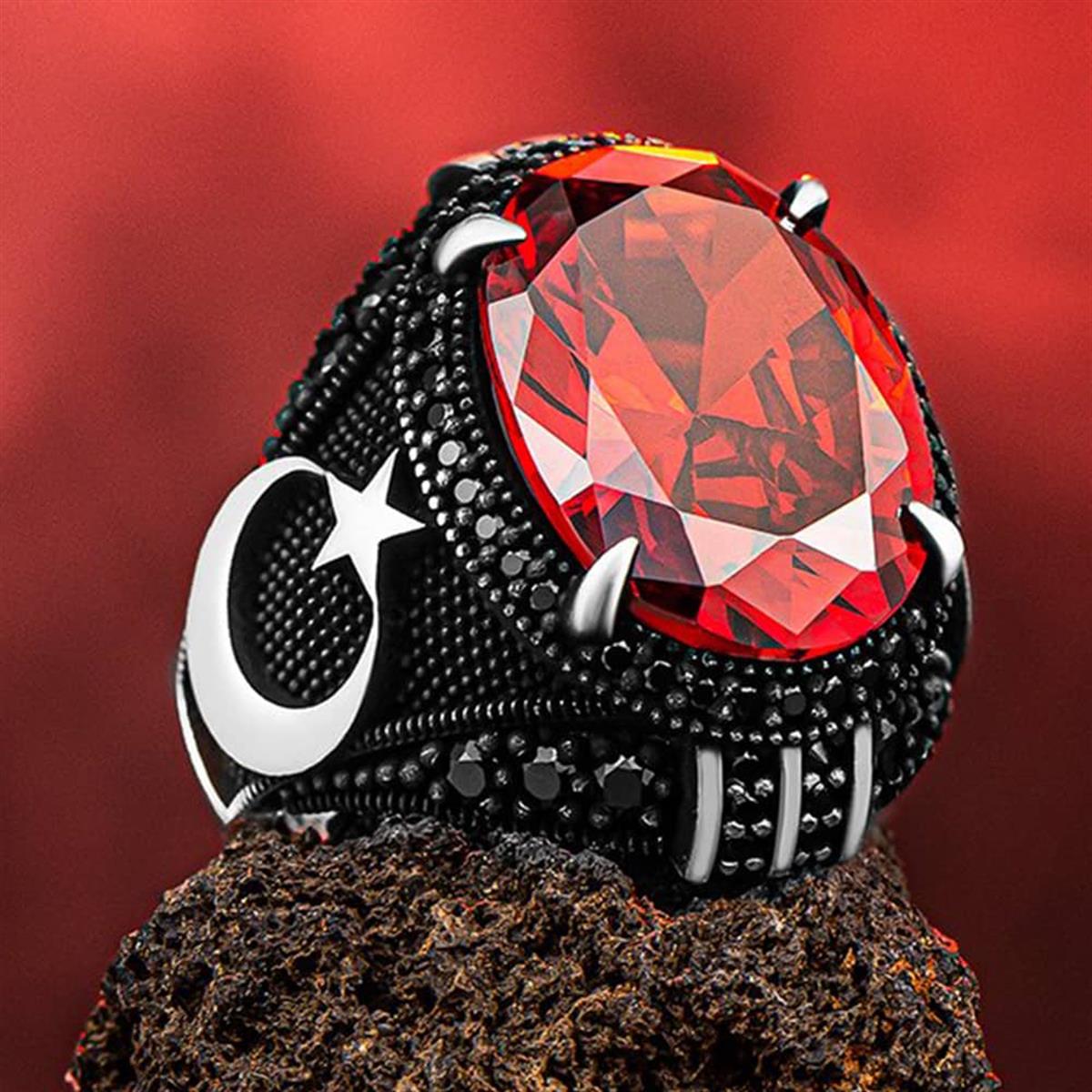 Ay Yıldız Motifli Kırmızı Zirkon Taşlı Gümüş Yüzük