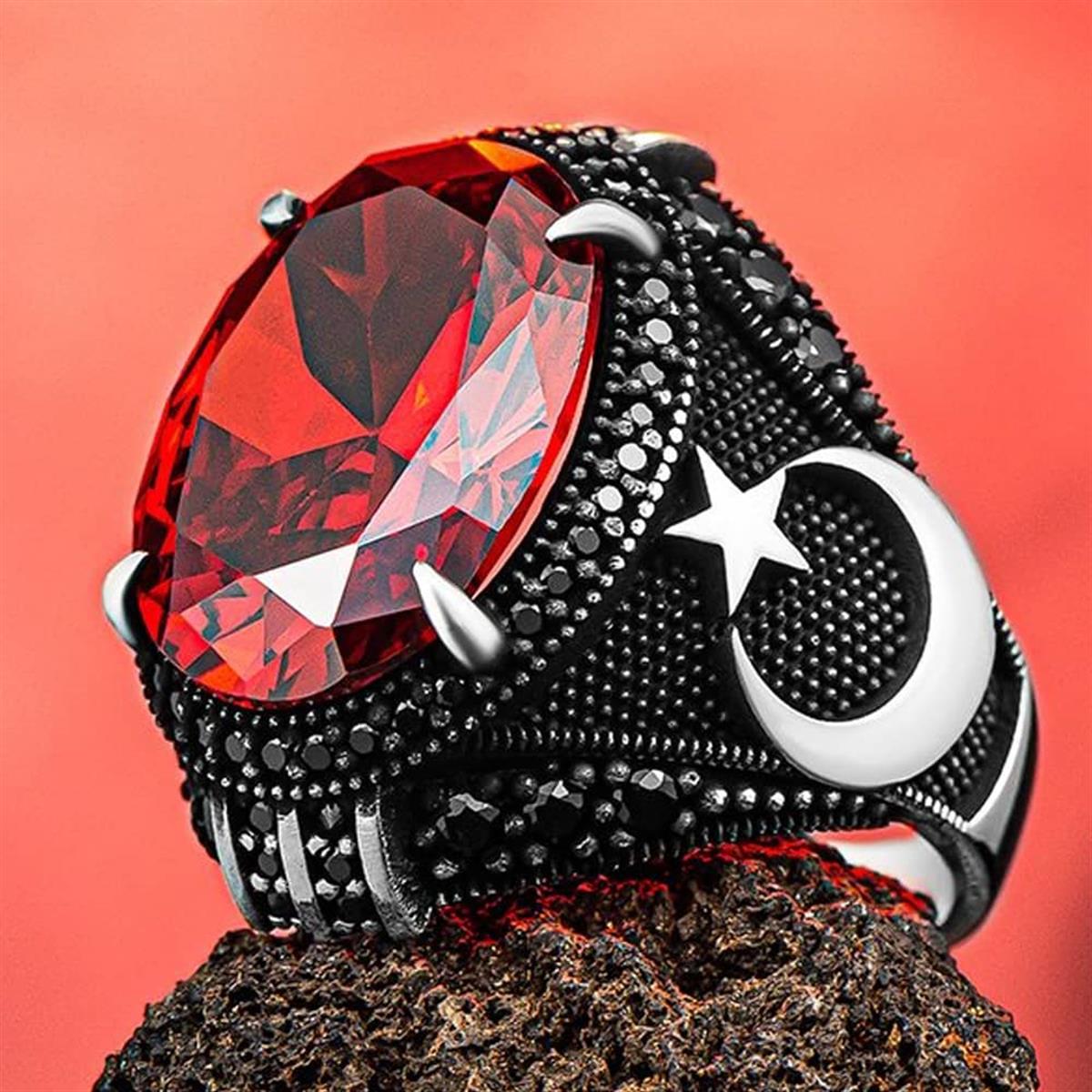 Ay Yıldız Motifli Kırmızı Zirkon Taşlı Gümüş Yüzük