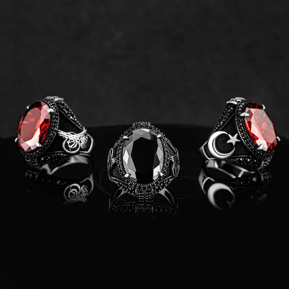 Ay Yıldız Motifli Kırmızı Zirkon Taşlı Gümüş Yüzük