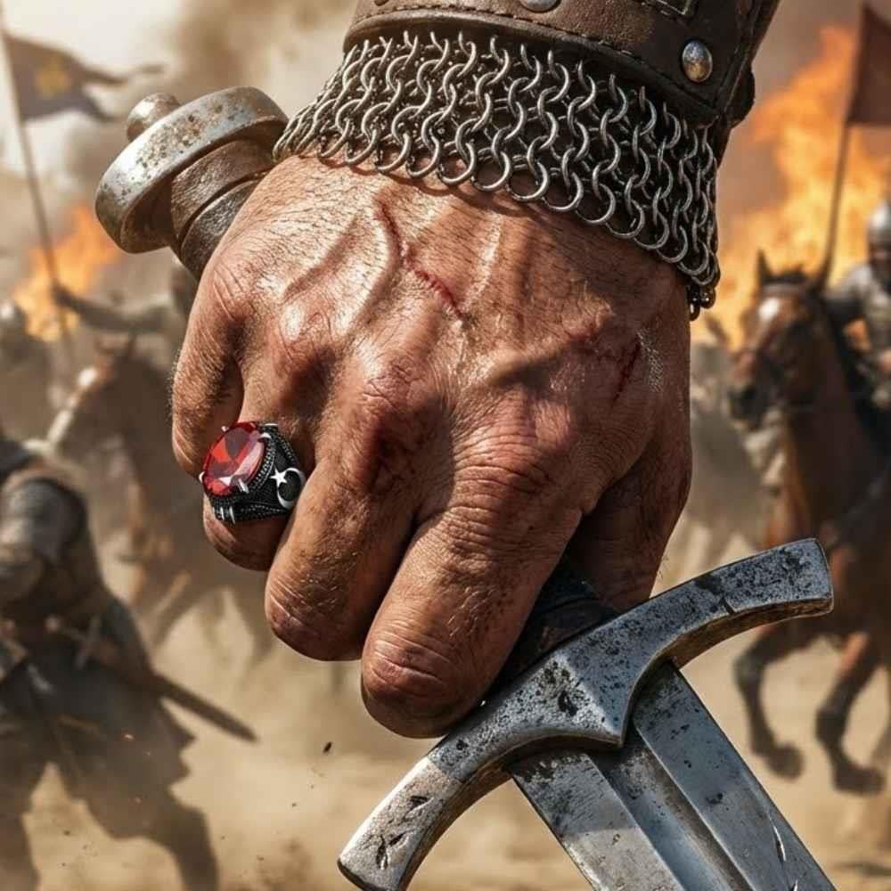 Ay Yıldız Motifli Kırmızı Zirkon Taşlı Gümüş YüzükZirkon Taşlı Yüzükler