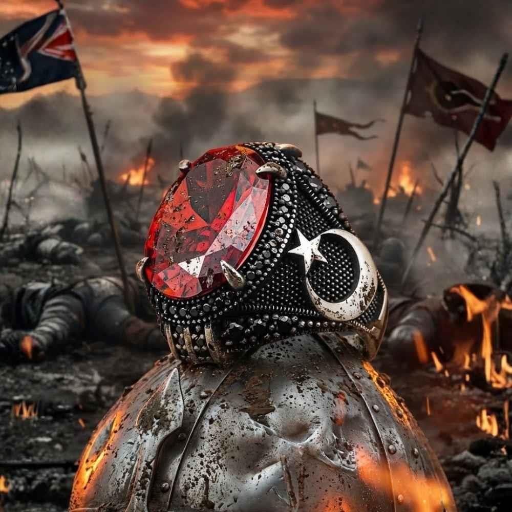 Ay Yıldız Motifli Kırmızı Zirkon Taşlı Gümüş YüzükZirkon Taşlı Yüzükler