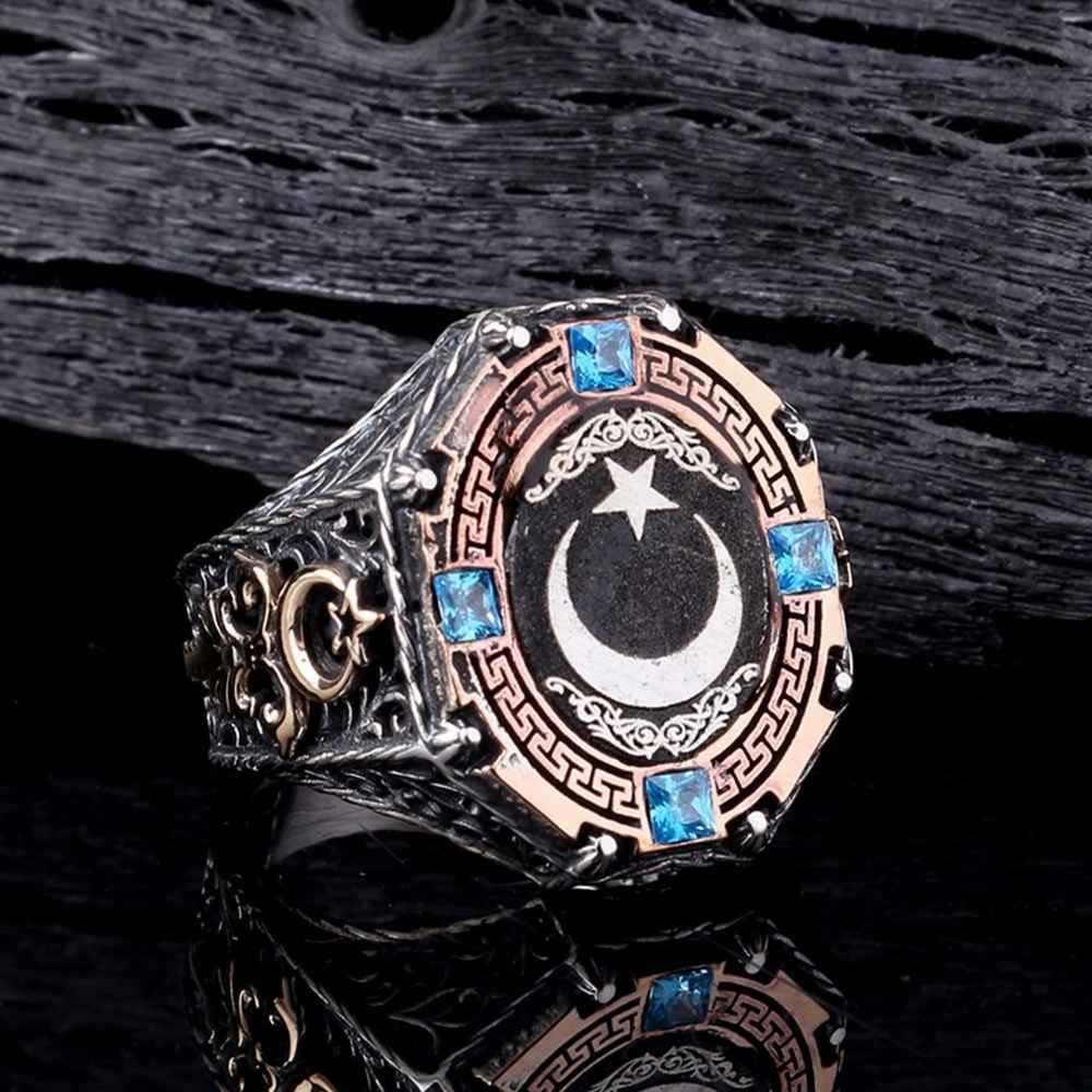 Ay Yıldız Motifli Türk Bayrağı Yanlı Gümüş YüzükAy Yıldız Yüzük