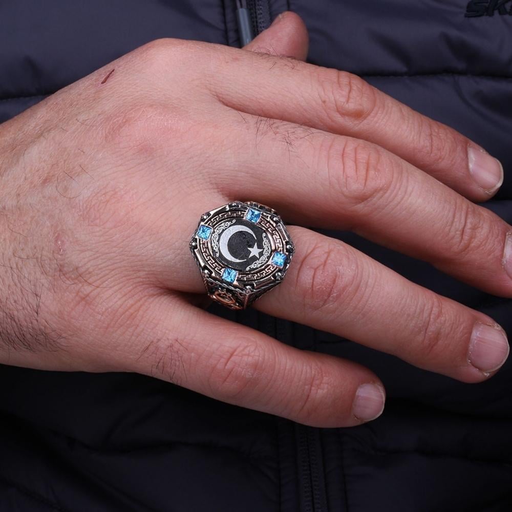 Ay Yıldız Motifli Türk Bayrağı Yanlı Gümüş YüzükAy Yıldız Yüzük