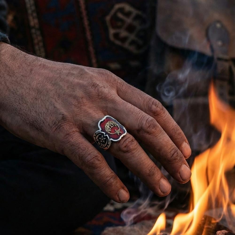 Ay Yıldız Motifli Türk Yazı Modeli Mineli Gümüş Erkek YüzükAy Yıldız Yüzükler