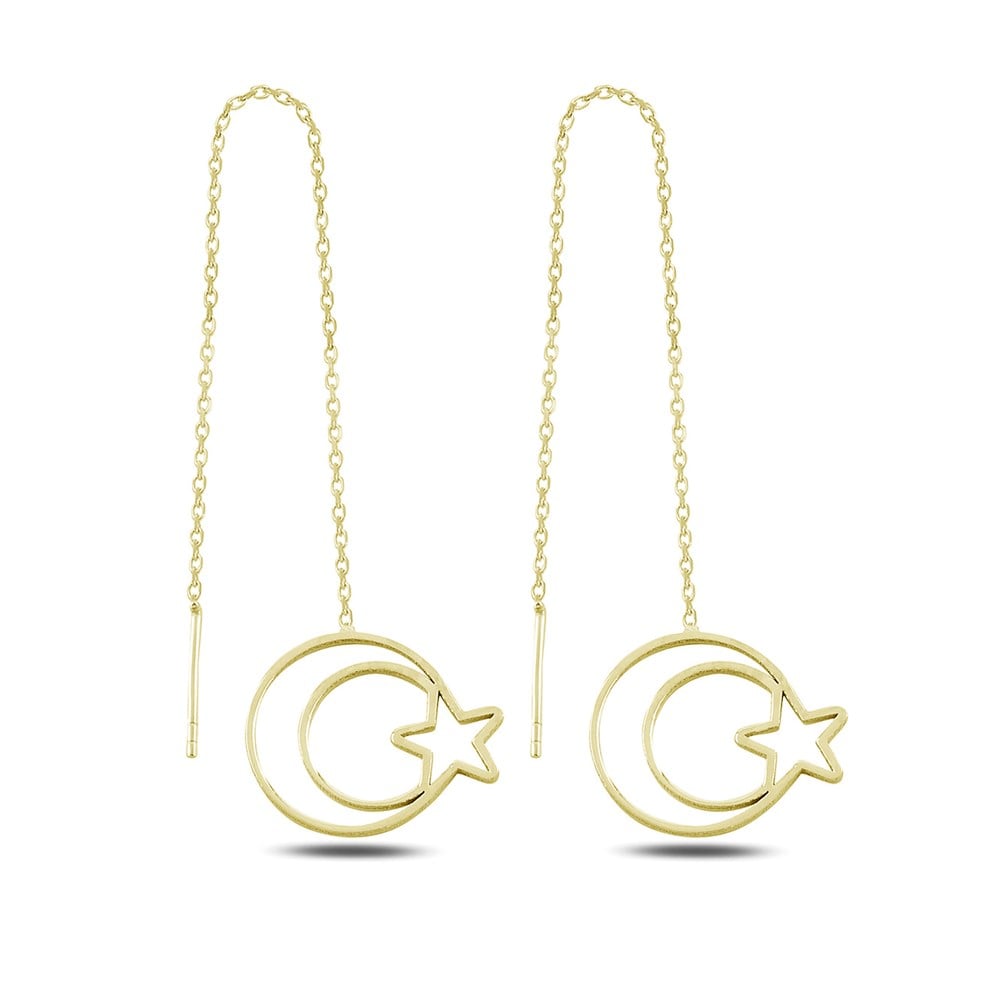 Ay Yıldız Sallantılı Kadın Gümüş Küpe Gold