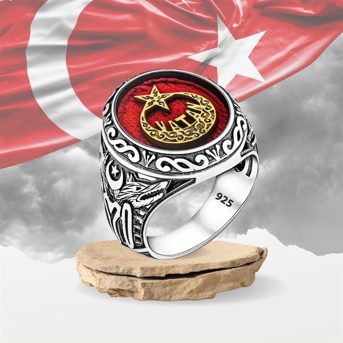 Ay Yıldız Sembollü Vatan Model Gümüş Erkek Yüzük