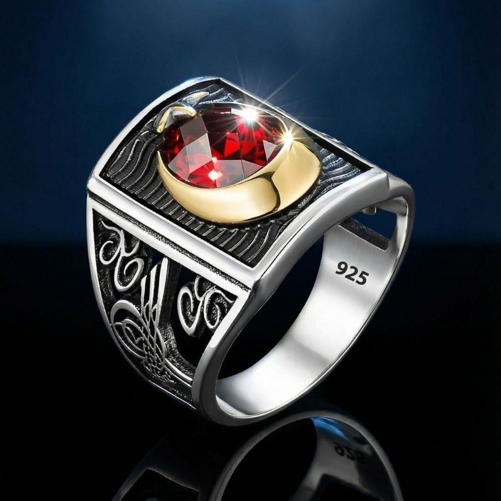 Ay Yıldız Taşlı Yanları Osmanlı Tuğralı Gümüş Erkek YüzükAy Yıldız Yüzükler