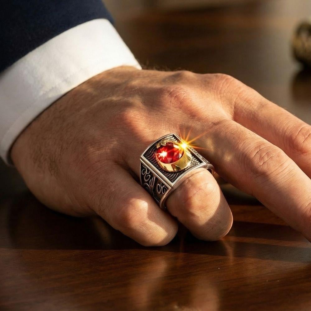 Ay Yıldız Taşlı Yanları Osmanlı Tuğralı Gümüş Erkek YüzükAy Yıldız Yüzükler