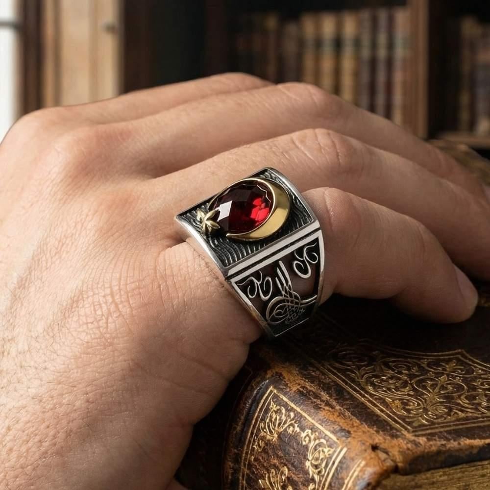Ay Yıldız Taşlı Yanları Osmanlı Tuğralı Gümüş Erkek YüzükAy Yıldız Yüzükler
