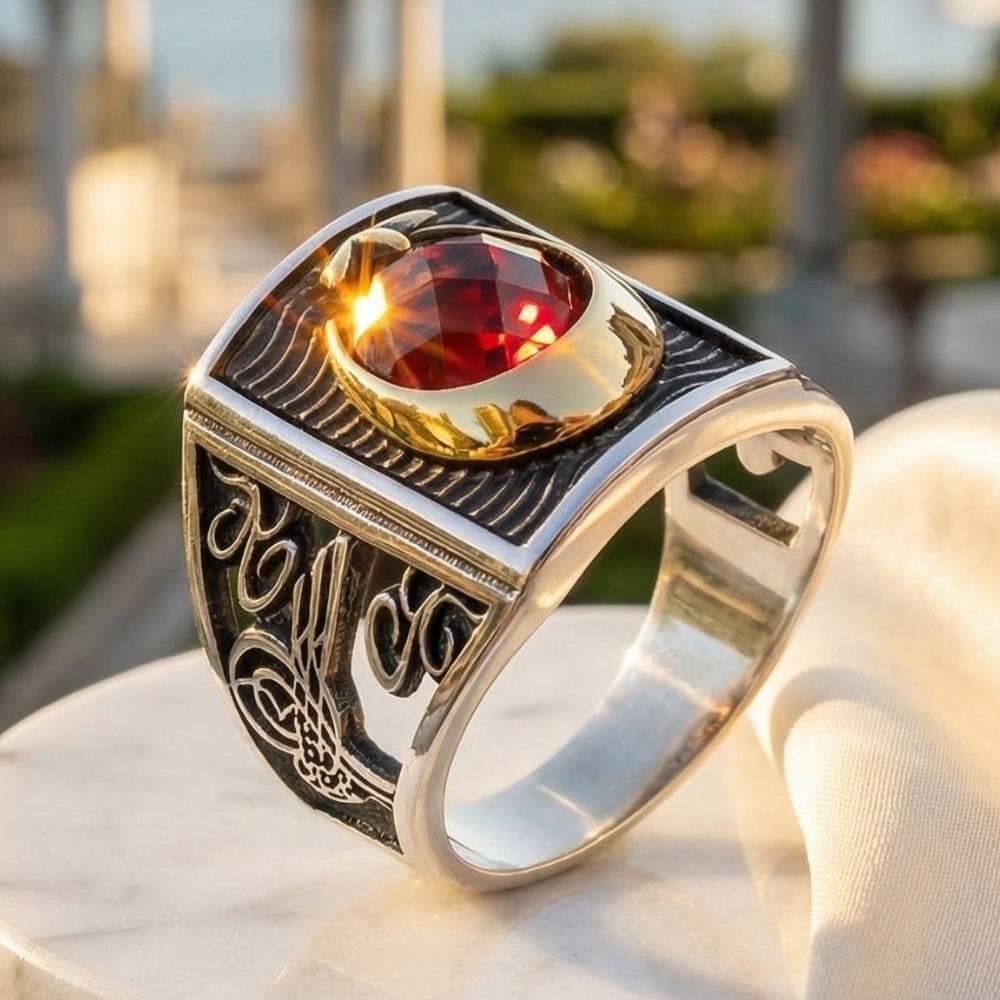 Ay Yıldız Taşlı Yanları Osmanlı Tuğralı Gümüş Erkek YüzükAy Yıldız Yüzükler