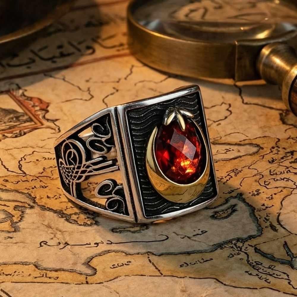 Ay Yıldız Taşlı Yanları Osmanlı Tuğralı Gümüş Erkek YüzükAy Yıldız Yüzükler