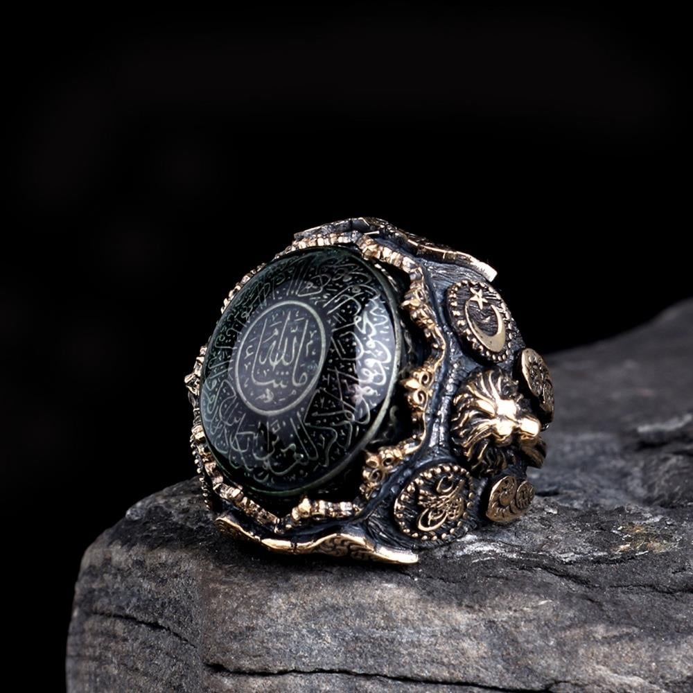 Ay Yıldız Tuğra İşlemeli Kehribar Taş Nazar Ayeti Gümüş Yüzük