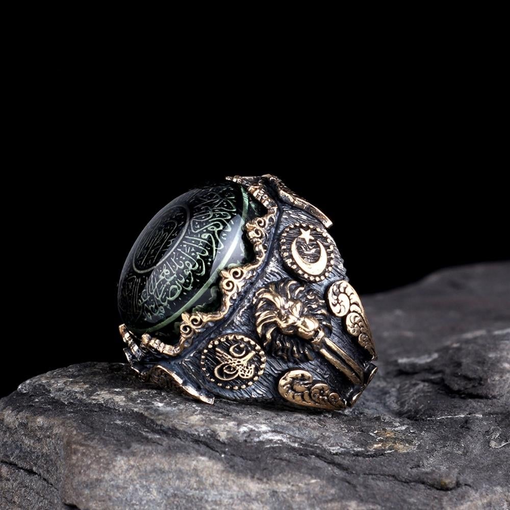 Ay Yıldız Tuğra İşlemeli Kehribar Taş Nazar Ayeti Gümüş Yüzük