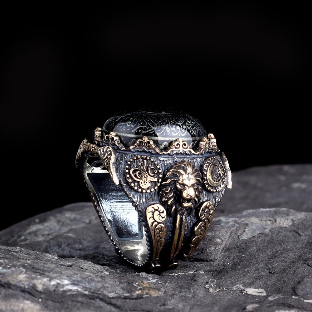 Ay Yıldız Tuğra İşlemeli Kehribar Taş Nazar Ayeti Gümüş Yüzük