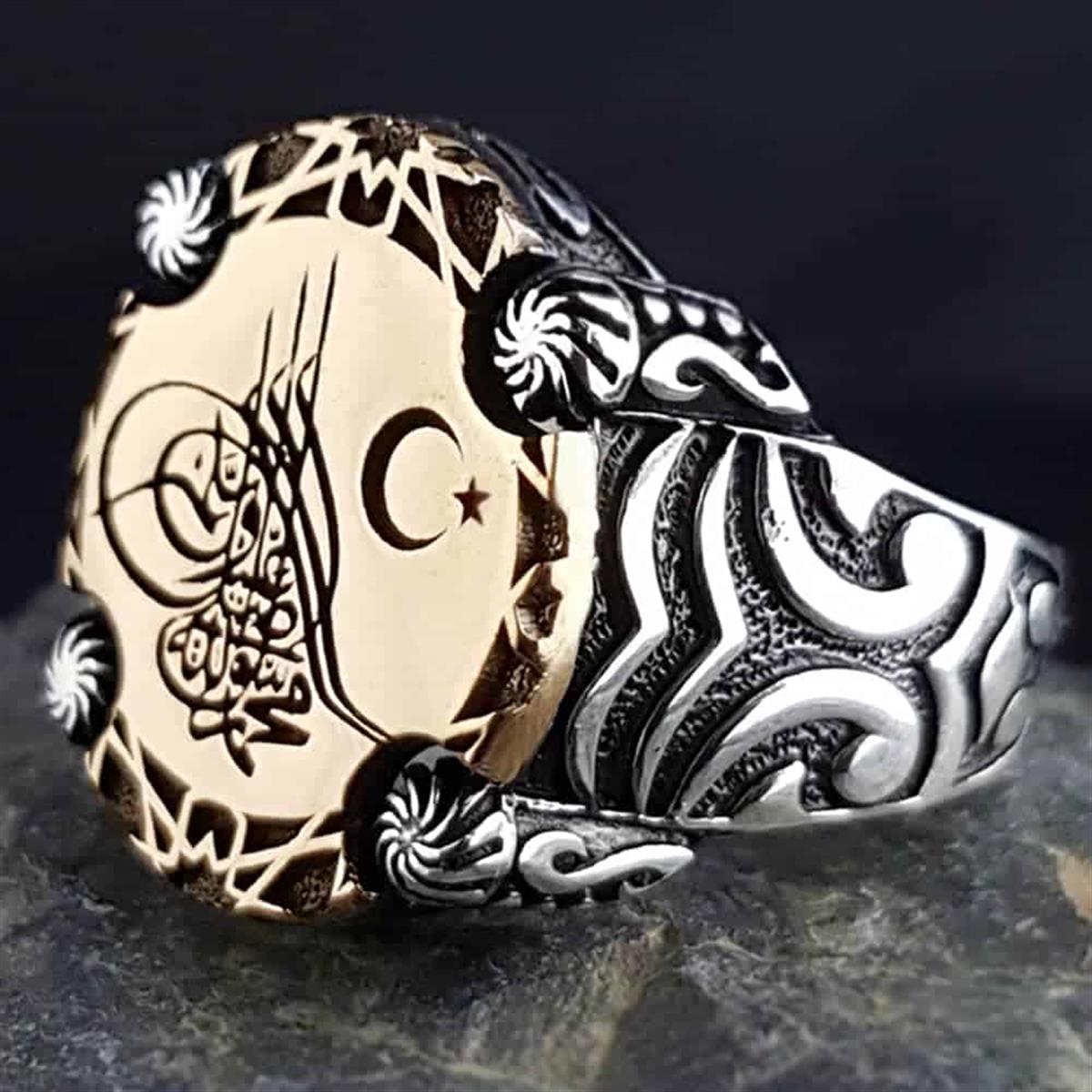 Ay Yıldız Tuğra İşlemeli Kenar Motifli Gümüş Yüzük