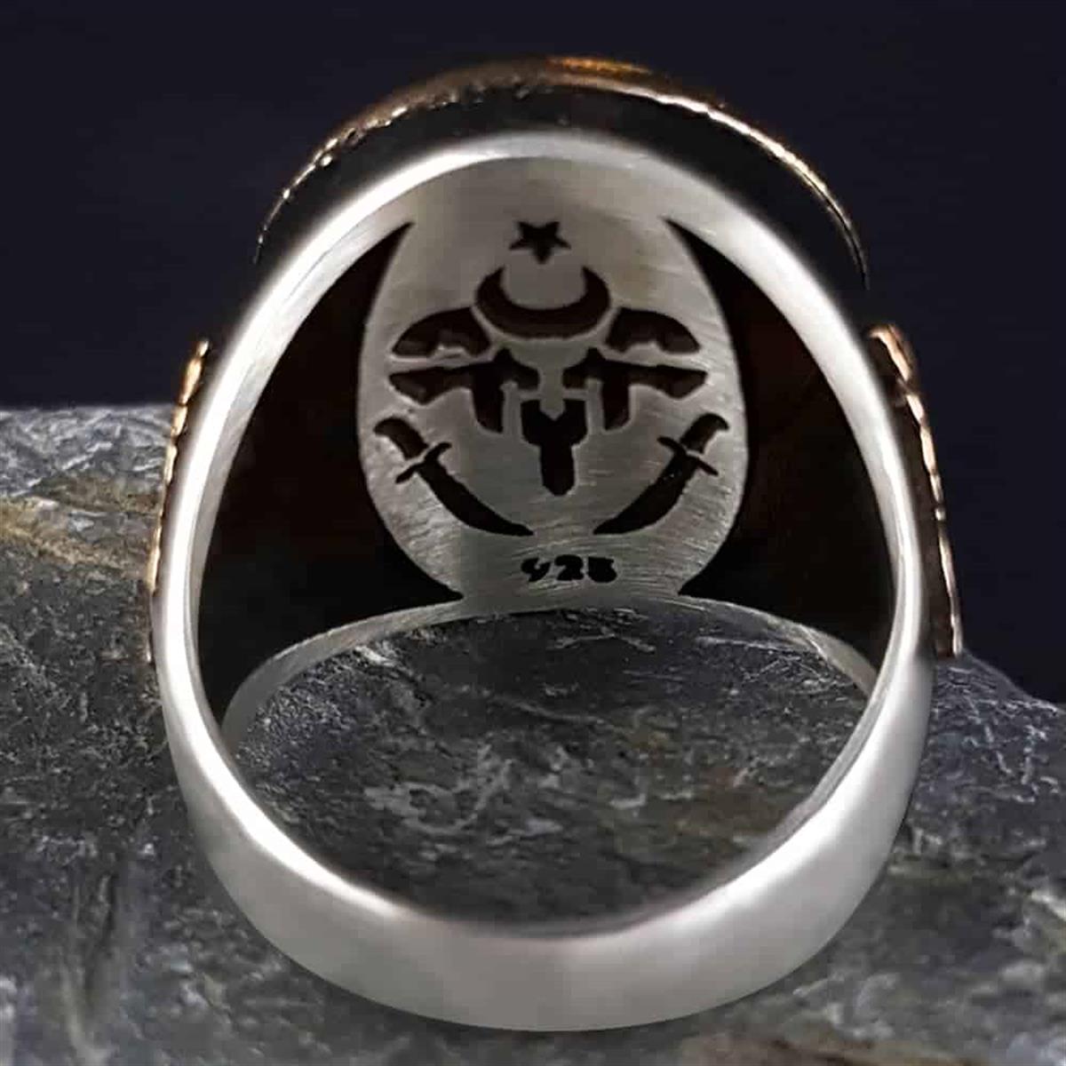 Moon Star Tughra Embroidered Edges Motif Sterling Silver Ring